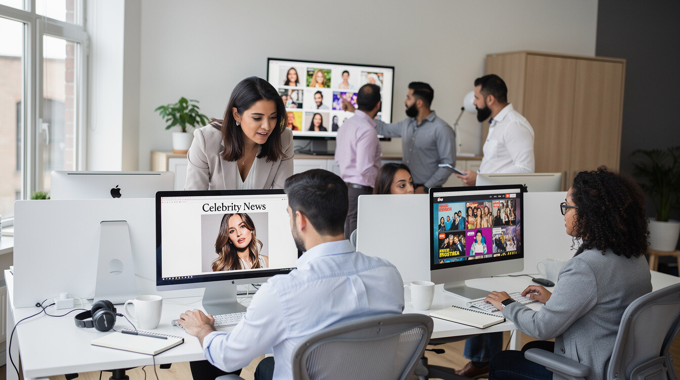Editorial team working in a modern newsroom on entertainment coverage