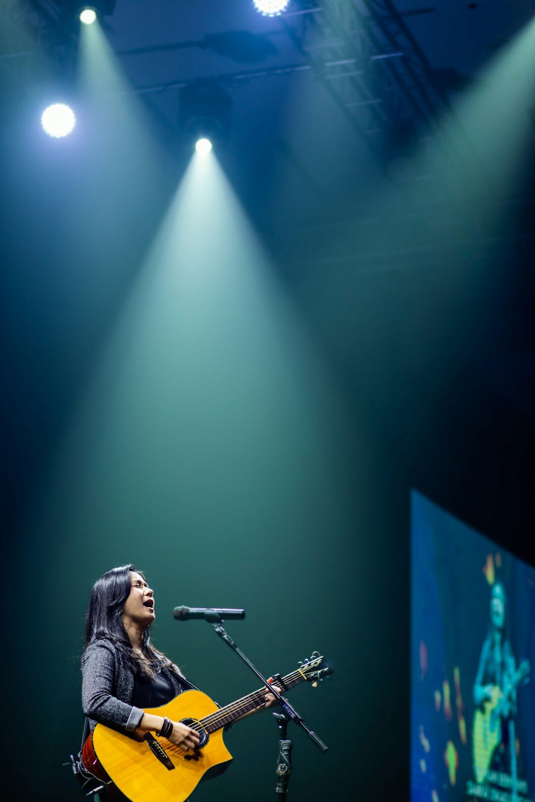 woman singing with guitar on stage